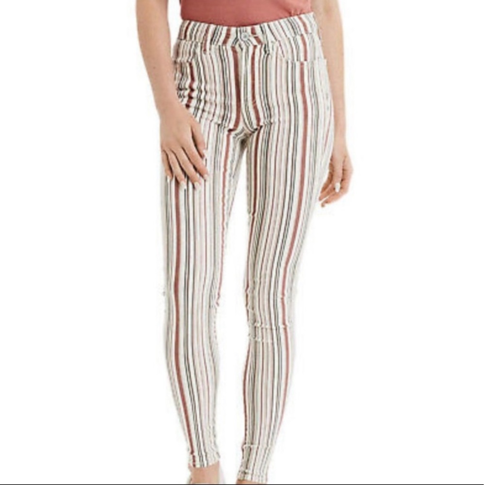 American Eagle Off White and Red Striped High Rise Skinny Jeans